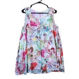 Roz & Ali Womens Blouse White Multicolored Floral Sleeveless Scoop Neck Tank L